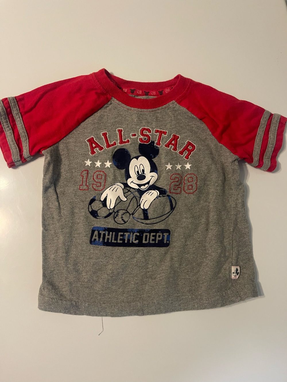 Disney Gray Tee with Red Raglan Sleeves featuring Mickey All-Star Graphic